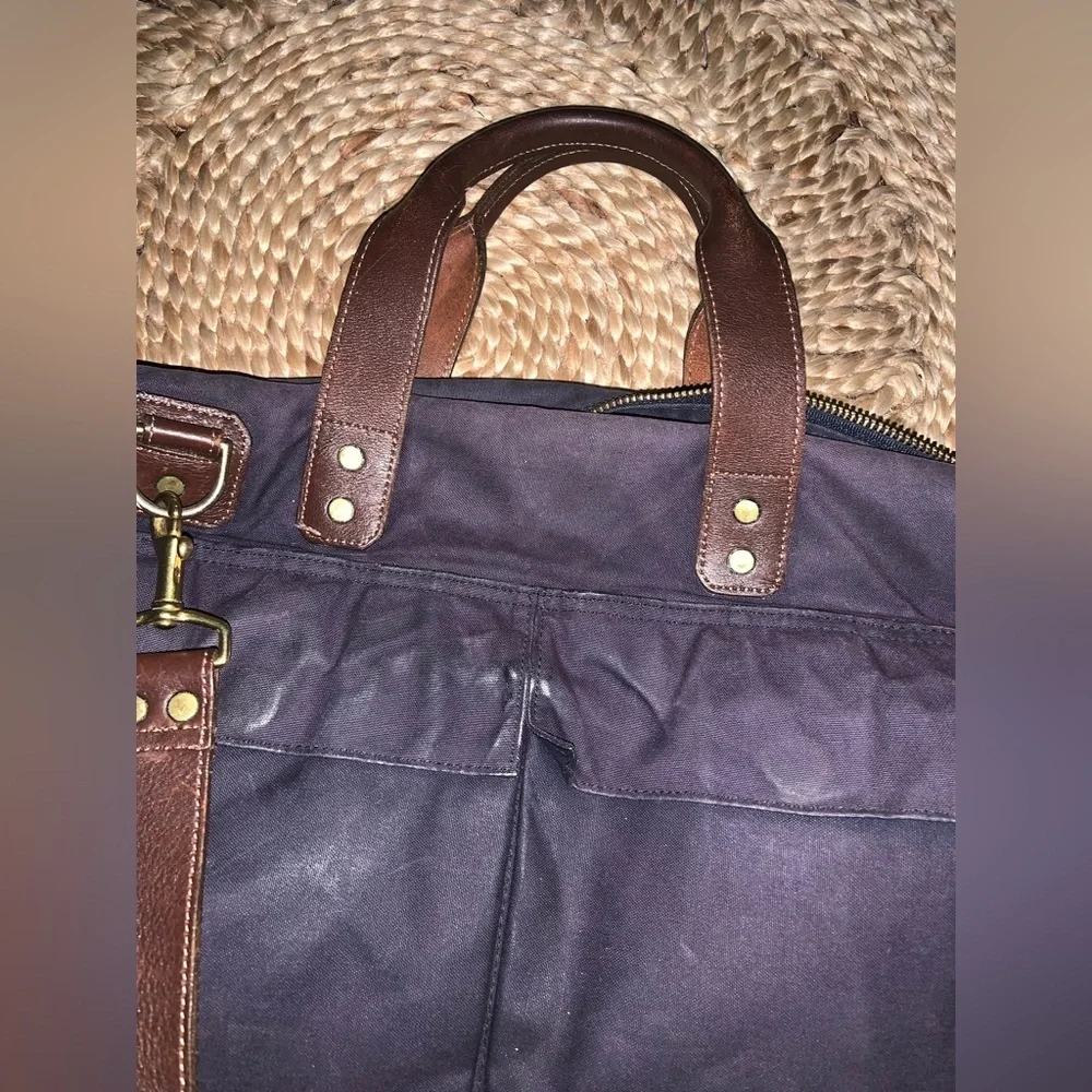 Ernest Alexander Alex briefcase navy canvas brown leather bag overnight $400